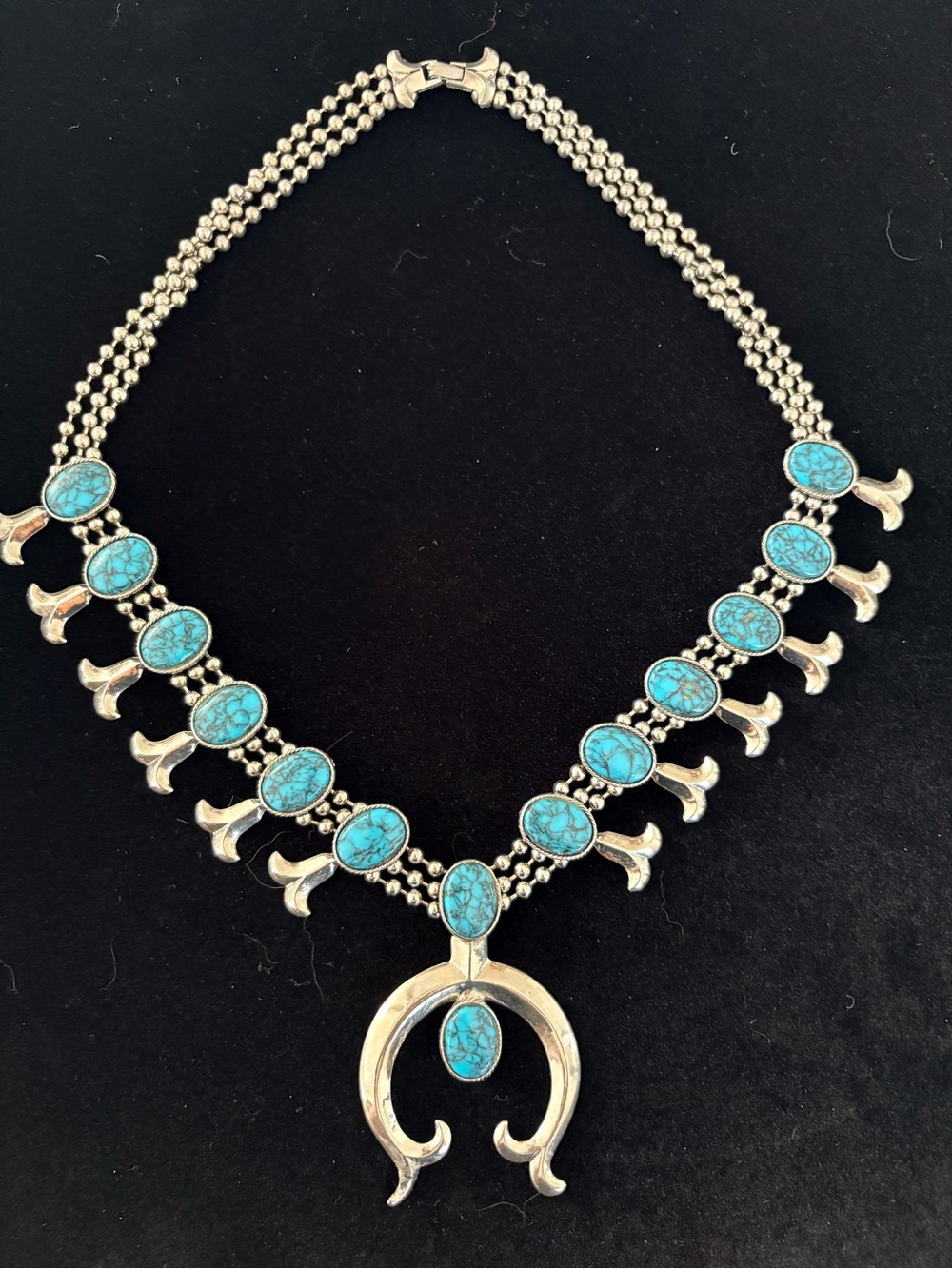 Turquoise Stone Squash Blossom Necklace - Silver Tone